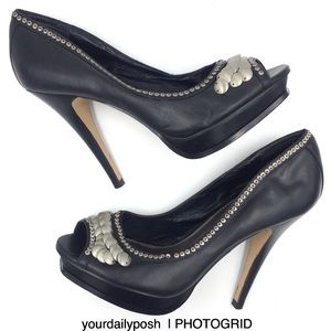 BCBG Paris studded black leather open toe platform heel pumps US 7